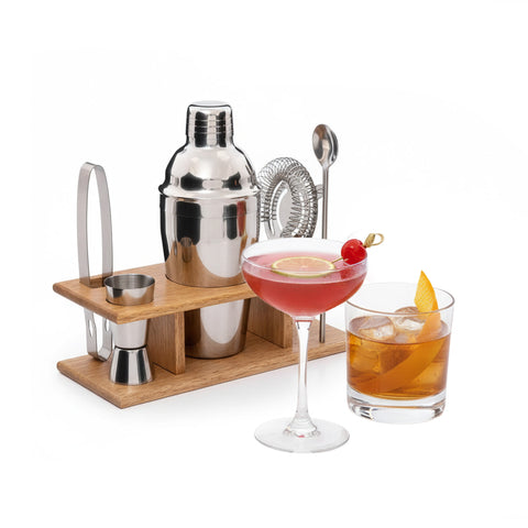 Set à cocktail 6 pièces avec support en bois - Shaker et accessoires de bar
