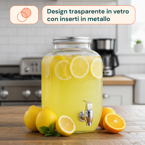 Dispenser Bevande in Vetro 8L con Rubinetto in Alluminio