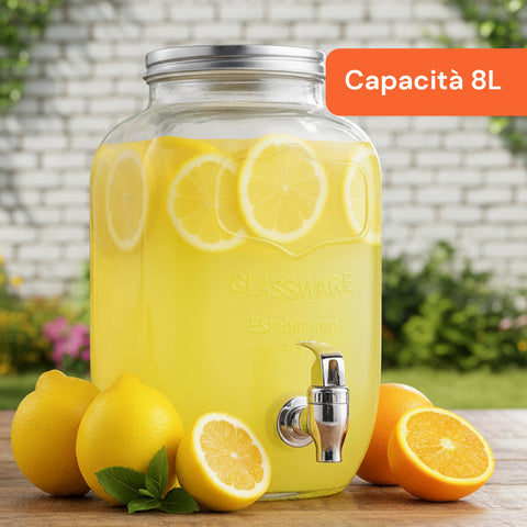 Dispenser Bevande in Vetro 8L con Rubinetto in Alluminio