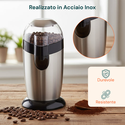Macina Caffè Elettrico Inox con Lama in Acciaio e Grado di Macinatura Regolabile