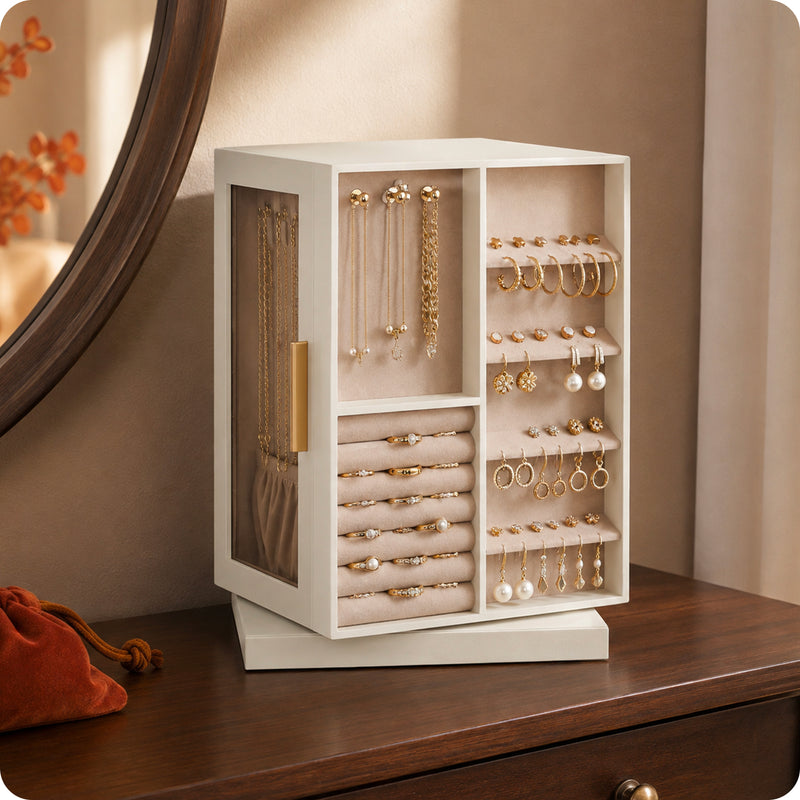 Organizer Gioielli Rotante a 360° con Cassetti, Ganci e Rivestimento in Velluto