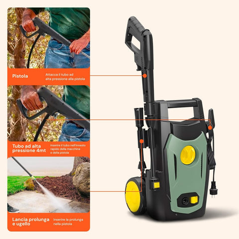 Idropulitrice Elettrica 1200W 100 Bar con Lancia Regolabile e Sistema Total Stop