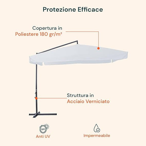 Ombrellone Decentrato ø3m Bianco Con Braccio Laterale In Acciaio E Manovella