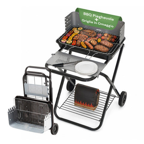 Barbecue pliable en acier émaillé noir avec roues 60x80x84cm
