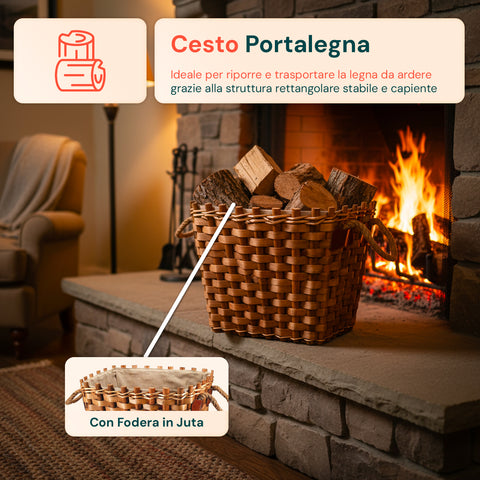 Cesto in Legno per Legna da Camino – Fodera in Juta e Maniglie Resistenti