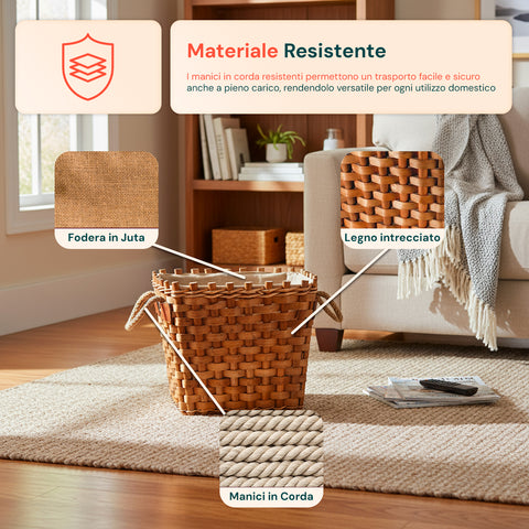 Cesto in Legno per Legna da Camino – Fodera in Juta e Maniglie Resistenti