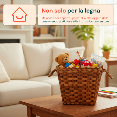 Cesto in Legno per Legna da Camino – Fodera in Juta e Maniglie Resistenti
