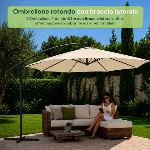 Parasol Rond Ø3m Déporté à Bras Latéral en Acier, Manivelle, Polyester 180gr Imperméable UV pour Jardin et Terrasse