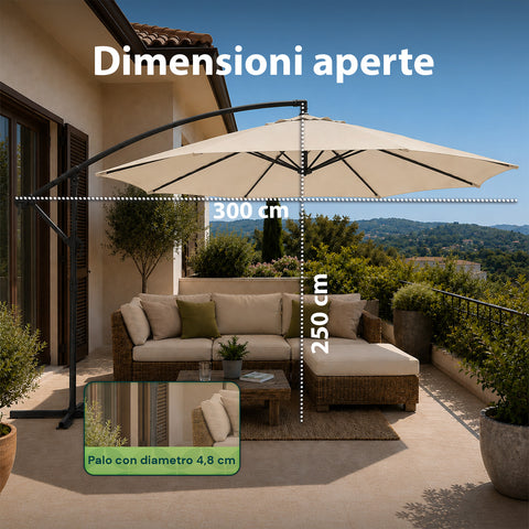 Parasol Rond Ø3m Déporté à Bras Latéral en Acier, Manivelle, Polyester 180gr Imperméable UV pour Jardin et Terrasse