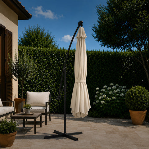 Parasol Rond Ø3m Déporté à Bras Latéral en Acier, Manivelle, Polyester 180gr Imperméable UV pour Jardin et Terrasse
