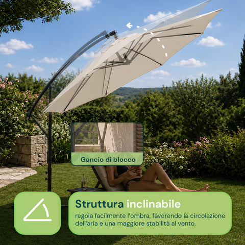 Parasol Rond Ø3m Déporté à Bras Latéral en Acier, Manivelle, Polyester 180gr Imperméable UV pour Jardin et Terrasse