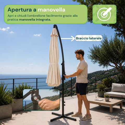 Parasol Rond Ø3m Déporté à Bras Latéral en Acier, Manivelle, Polyester 180gr Imperméable UV pour Jardin et Terrasse