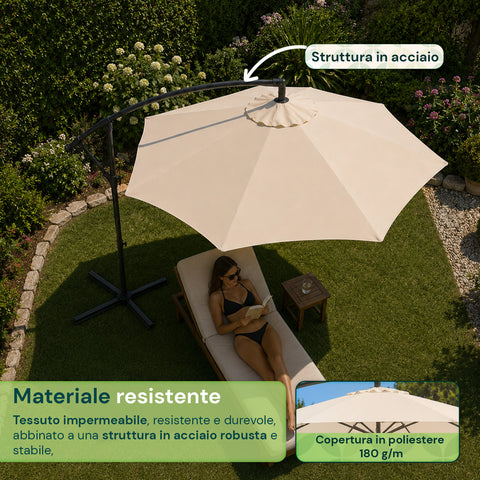 Parasol Rond Ø3m Déporté à Bras Latéral en Acier, Manivelle, Polyester 180gr Imperméable UV pour Jardin et Terrasse