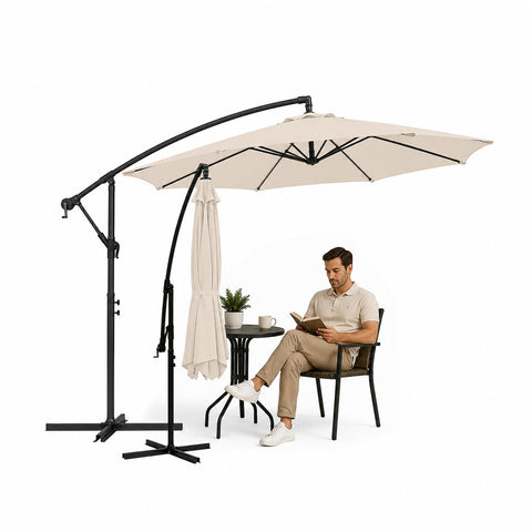 Parasol Rond Ø3m Déporté à Bras Latéral en Acier, Manivelle, Polyester 180gr Imperméable UV pour Jardin et Terrasse