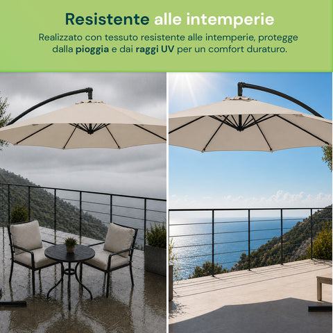 Parasol Rond Ø3m Déporté à Bras Latéral en Acier, Manivelle, Polyester 180gr Imperméable UV pour Jardin et Terrasse