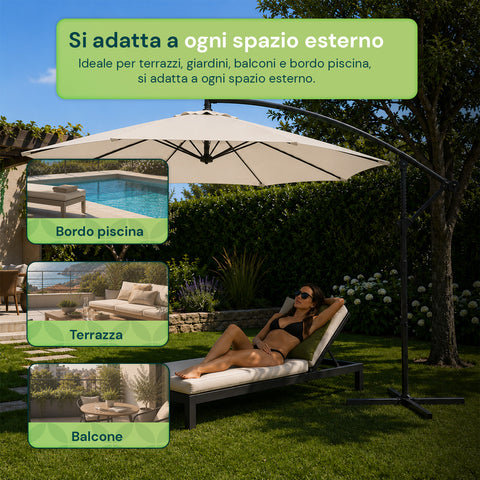 Parasol Rond Ø3m Déporté à Bras Latéral en Acier, Manivelle, Polyester 180gr Imperméable UV pour Jardin et Terrasse