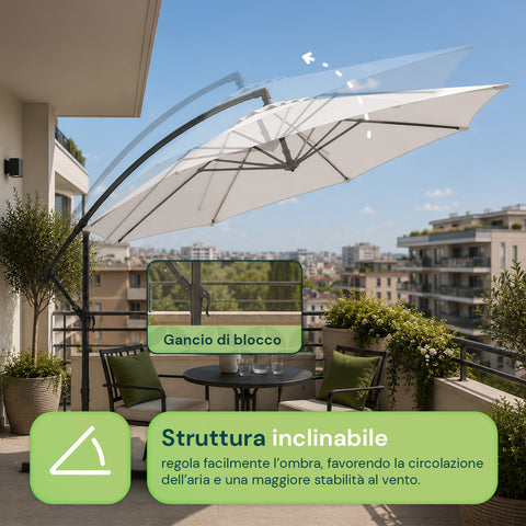 Ombrellone Rotondo Ø3m Decentrato Braccio Laterale in Acciaio, Manovella, Poliestere 180gr Impermeabile UV per Giardino e Terrazzo