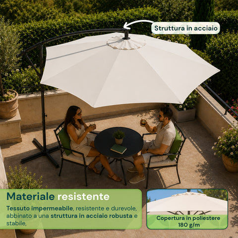 Ombrellone Rotondo Ø3m Decentrato Braccio Laterale in Acciaio, Manovella, Poliestere 180gr Impermeabile UV per Giardino e Terrazzo