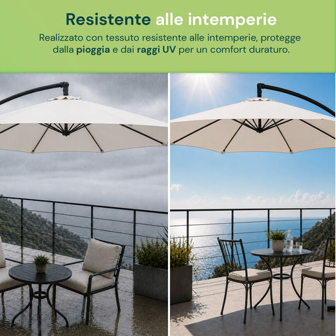 Parasol Rond Ø3m Déporté à Bras Latéral en Acier, Manivelle, Polyester 180gr Imperméable UV pour Jardin et Terrasse