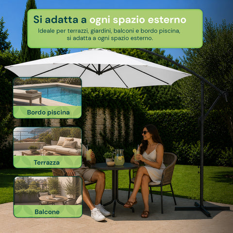 Parasol Rond Ø3m Déporté à Bras Latéral en Acier, Manivelle, Polyester 180gr Imperméable UV pour Jardin et Terrasse