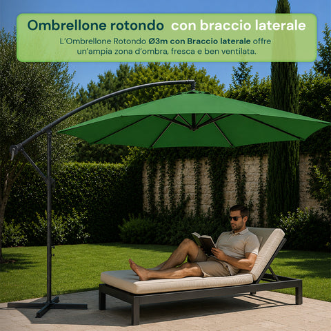 Ombrellone Rotondo Ø3m Decentrato Braccio Laterale in Acciaio, Manovella, Poliestere 180gr Impermeabile UV per Giardino e Terrazzo