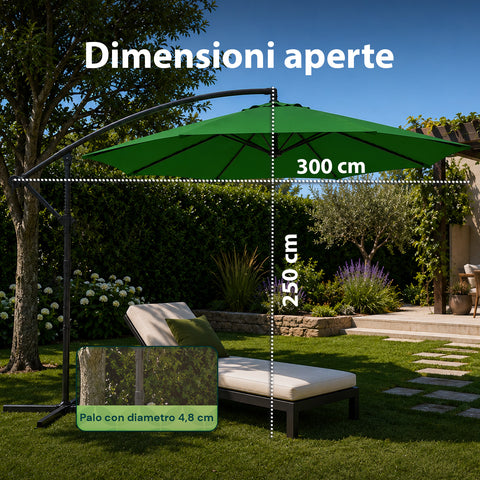 Ombrellone Rotondo Ø3m Decentrato Braccio Laterale in Acciaio, Manovella, Poliestere 180gr Impermeabile UV per Giardino e Terrazzo