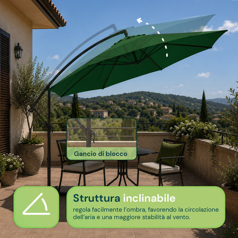 Ombrellone Rotondo Ø3m Decentrato Braccio Laterale in Acciaio, Manovella, Poliestere 180gr Impermeabile UV per Giardino e Terrazzo