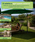 Ombrellone Rotondo Ø3m Decentrato Braccio Laterale in Acciaio, Manovella, Poliestere 180gr Impermeabile UV per Giardino e Terrazzo