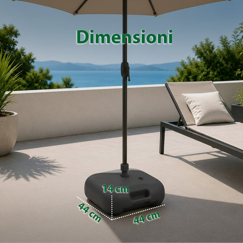 Base per Ombrellone da Giardino 20L in PP – Supporto Riempibile con Acqua o Sabbia – Per Pali ø22-32mm e Ombrelloni fino a 2,2m – Dimensioni 44x44x14cm – Facile Montaggio e Pulizia