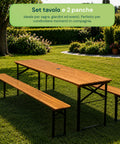 Set Tavolo e 2 Panche Pieghevoli da Giardino 120cm / 180cm in Legno con Struttura in Ferro e Foro Ombrellone 5cm – Portata Tavolo 200kg