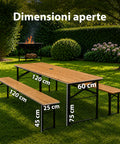 Set Tavolo e 2 Panche Pieghevoli da Giardino 120cm / 180cm in Legno con Struttura in Ferro e Foro Ombrellone 5cm – Portata Tavolo 200kg