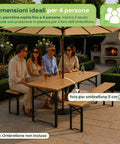Set Tavolo e 2 Panche Pieghevoli da Giardino 120cm / 180cm in Legno con Struttura in Ferro e Foro Ombrellone 5cm – Portata Tavolo 200kg