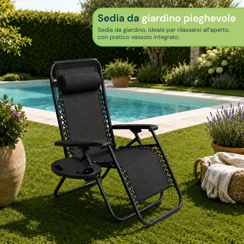 Sedia da Giardino Pieghevole con Vassoio Laterale – Portata 120kg – Struttura in Ferro e Tessuto Teslin