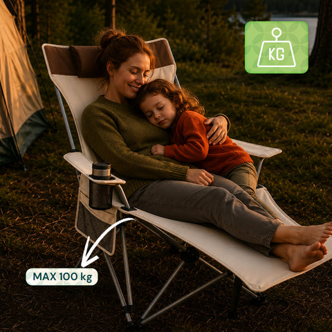 Chaise de camping pliable et inclinable, supporte jusqu'à 150 kg – Structure en acier et tissu Oxford avec poches de rangement et sac de transport