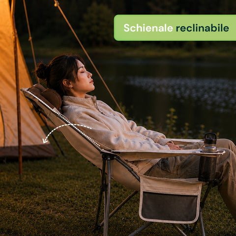 Chaise de camping pliable et inclinable, supporte jusqu'à 150 kg – Structure en acier et tissu Oxford avec poches de rangement et sac de transport
