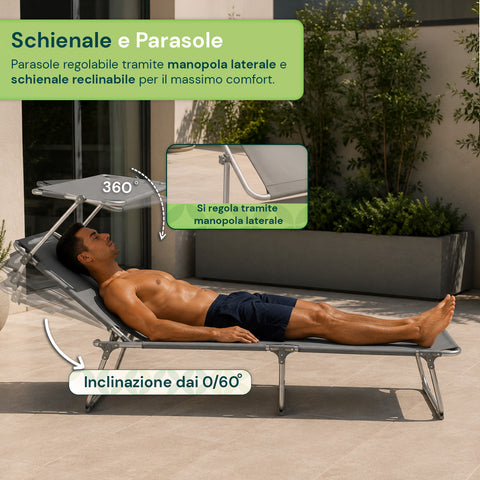 Lettino Prendisole Pieghevole in Tessuto Oxford – Rinforzi in Alluminio, Parasole Girevole 360° e Schienale Reclinabile 0-60° – Portata 100kg