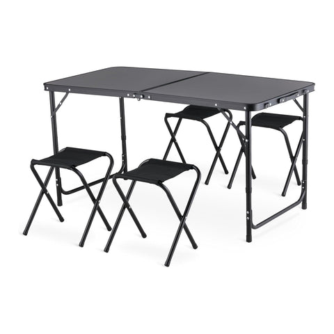 Set Tavolo Pieghevole da Campeggio con 4 Sgabelli – Struttura in Alluminio Leggera e Robusta – Tavolo Regolabile in 3 Altezze – Portata 50kg/100kg – Design a Valigetta Salvaspazio