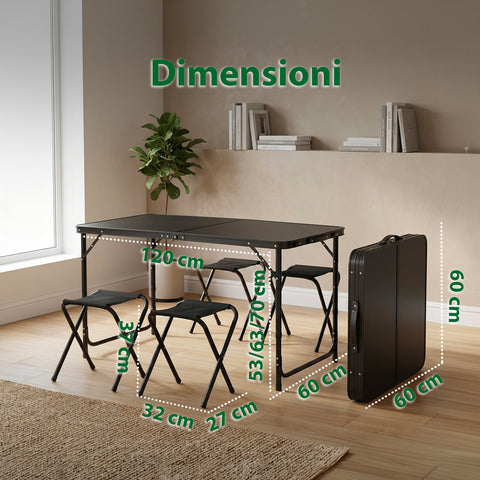 Set Tavolo Pieghevole da Campeggio con 4 Sgabelli – Struttura in Alluminio Leggera e Robusta – Tavolo Regolabile in 3 Altezze – Portata 50kg/100kg – Design a Valigetta Salvaspazio