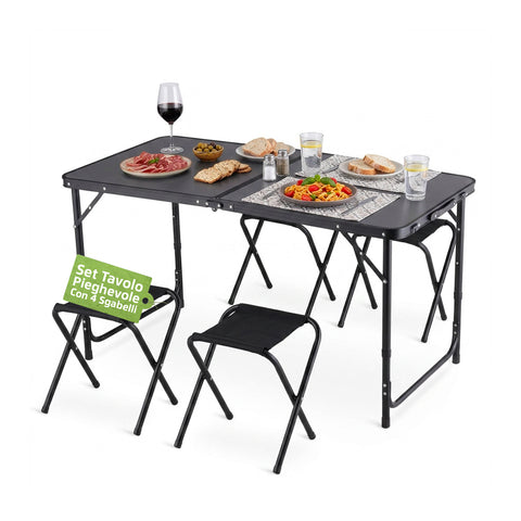 Ensemble Table de Camping Pliante avec 4 Tabourets – Structure en Aluminium Légère et Robuste – Table Réglable en 3 Hauteurs – Capacité de Charge 50kg/100kg – Conception Compacte en Valise