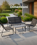 Set Lounge da Esterno 4 Pezzi – Salotto da Giardino con 2 Sedie, Divanetto e Tavolino – Struttura in Ferro e Seduta in Textilene – Portata 240kg/120kg