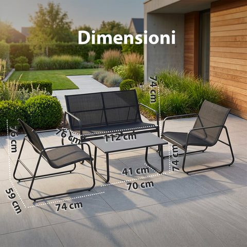 Set Lounge da Esterno 4 Pezzi – Salotto da Giardino con 2 Sedie, Divanetto e Tavolino – Struttura in Ferro e Seduta in Textilene – Portata 240kg/120kg