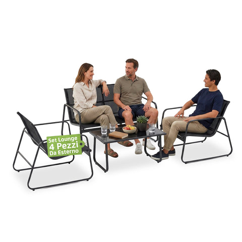 Set Lounge da Esterno 4 Pezzi – Salotto da Giardino con 2 Sedie, Divanetto e Tavolino – Struttura in Ferro e Seduta in Textilene – Portata 240kg/120kg