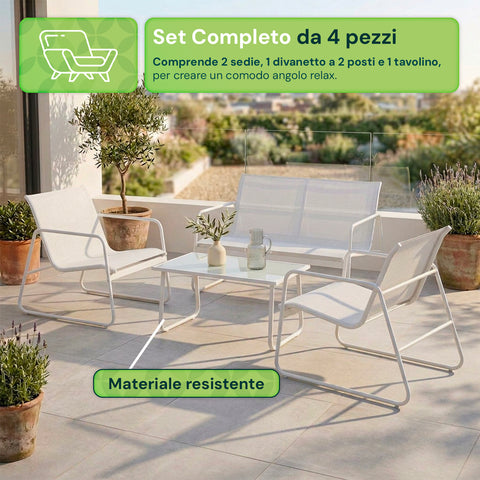 Set Lounge da Esterno 4 Pezzi – Salotto da Giardino con 2 Sedie, Divanetto e Tavolino – Struttura in Ferro e Seduta in Textilene – Portata 240kg/120kg