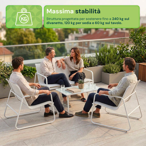 Set Lounge da Esterno 4 Pezzi – Salotto da Giardino con 2 Sedie, Divanetto e Tavolino – Struttura in Ferro e Seduta in Textilene – Portata 240kg/120kg