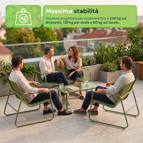 Set Lounge da Esterno 4 Pezzi – Salotto da Giardino con 2 Sedie, Divanetto e Tavolino – Struttura in Ferro e Seduta in Textilene – Portata 240kg/120kg