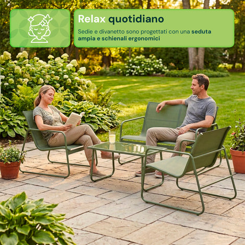 Set Lounge da Esterno 4 Pezzi – Salotto da Giardino con 2 Sedie, Divanetto e Tavolino – Struttura in Ferro e Seduta in Textilene – Portata 240kg/120kg