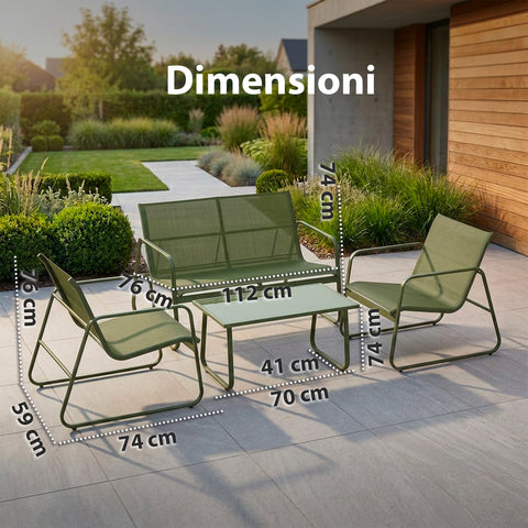Set Lounge da Esterno 4 Pezzi – Salotto da Giardino con 2 Sedie, Divanetto e Tavolino – Struttura in Ferro e Seduta in Textilene – Portata 240kg/120kg