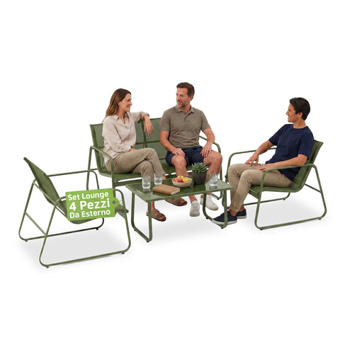 Set Lounge da Esterno 4 Pezzi – Salotto da Giardino con 2 Sedie, Divanetto e Tavolino – Struttura in Ferro e Seduta in Textilene – Portata 240kg/120kg