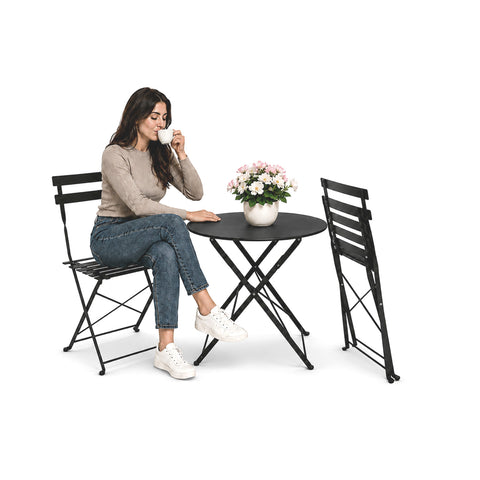 Set Tavolo e 2 Sedie Richiudibili in Ferro da Giardino – Tavolo Rotondo ø 60cm e 2 Sedie Salvaspazio – Portata 150kg/100kg
