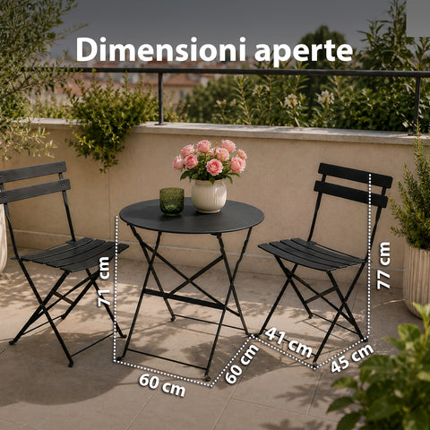 Set Tavolo e 2 Sedie Richiudibili in Ferro da Giardino – Tavolo Rotondo ø 60cm e 2 Sedie Salvaspazio – Portata 150kg/100kg